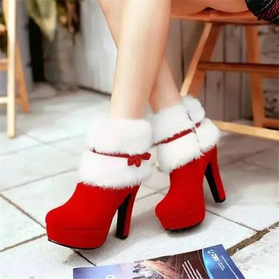 Fashion Winter Women Ankle Boots Christmas High Heels Platform Shoes Femme Warm Fur Short Boots Red Black Ladies Party Shoes Plus Size