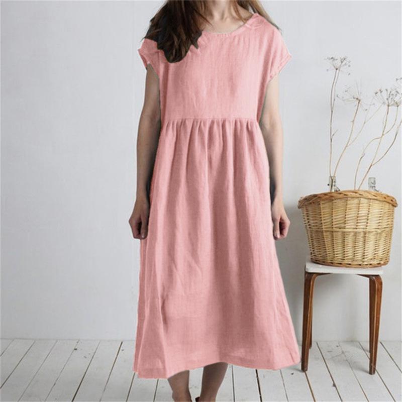 Women's Mid-Length Cotton Linen Dress - Round Neck, Short Sleeve, Solid Color, Pleated, Loose-Fit Casual Design