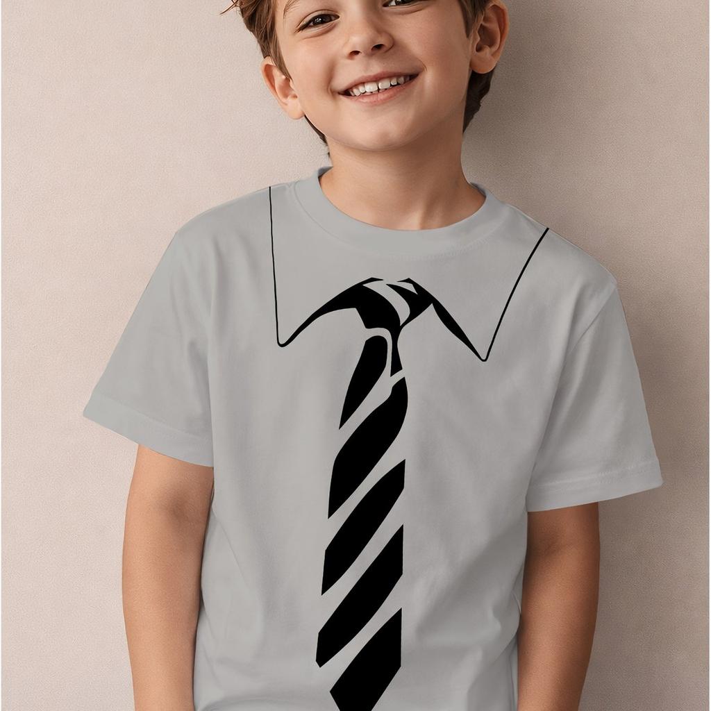 Stylish Boys Tie Graphic Soft Light Fabric Crew Neck Short Sleeve Daily Casual Top Machine Washable Outdoor Street Wear