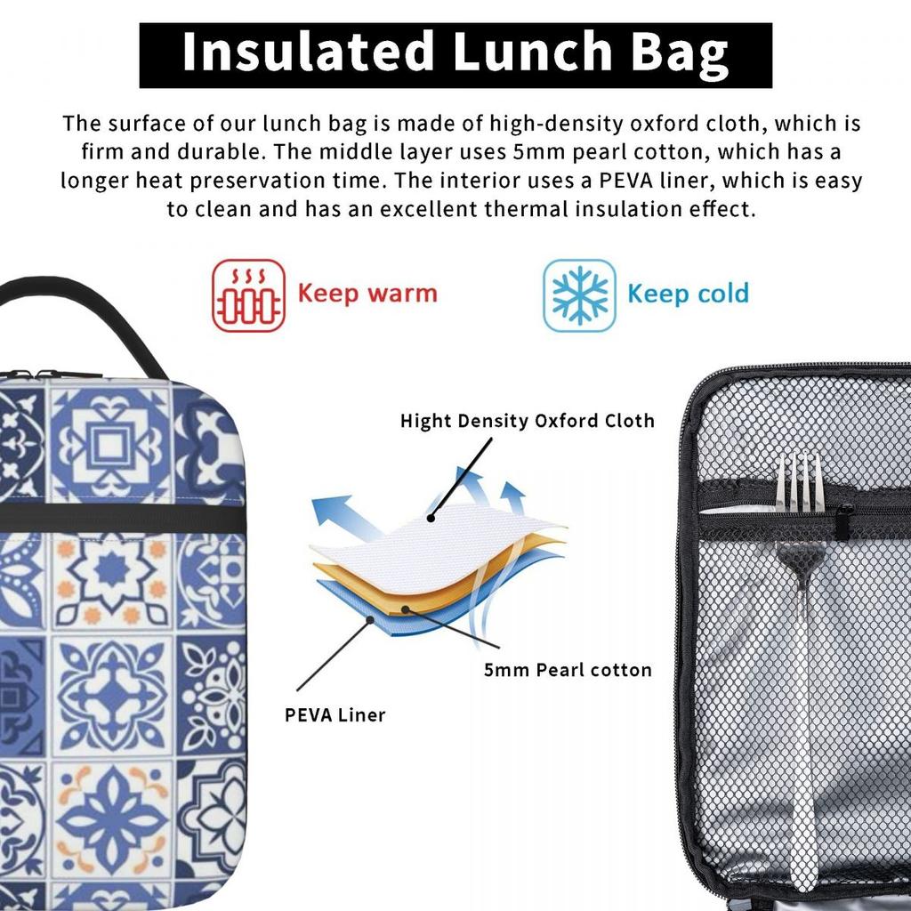 Blue Portuguese Tile Portugal Azulejo Flower Insulated Lunch Bag for Women Kids Leakproof Food Boxes Thermal Lunch Box Tote