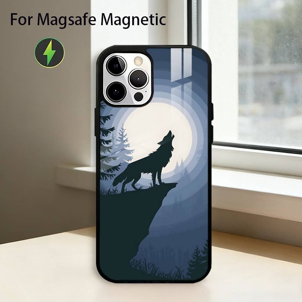 Mond Heulender W-Wolf Handyhülle Für iPhone17,16,15,14,13,12,11 Plus,Pro Magnetisch Für Magsafe Kabelloses Laden