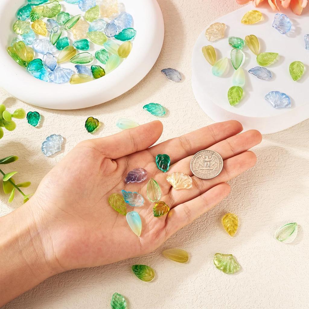 Pandahall 150Pcs Green Leaf Beads Transparent Glass Crystal Tree Leaves Pendants Tiny Green Leaf Bead Caps for DIY Spring Craft Earring Bracelet