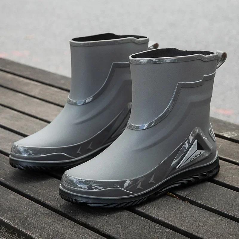 High Quality Rain Boots for Men, Drawstring Waterproof Shoes, Mid-length Anti-slip Rain Boots, Plus Fleece Rubber Boots for Work