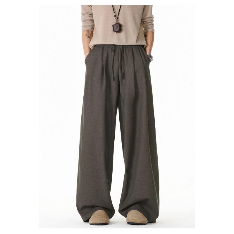 Mens Loose Draped Double Pleated Waist Straight Casual Long Trousers