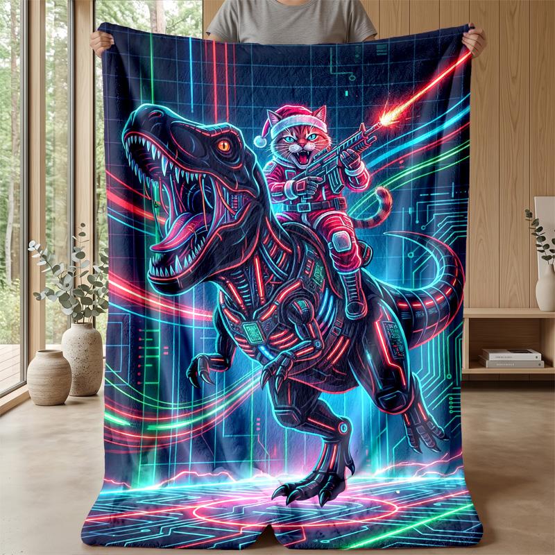 Cyberpunk Dinosaur Pattern Blanket Personalized Name Flannel Blanket Soft Cozy Plush Throw for Sofa Bed Lightweight Home Decor