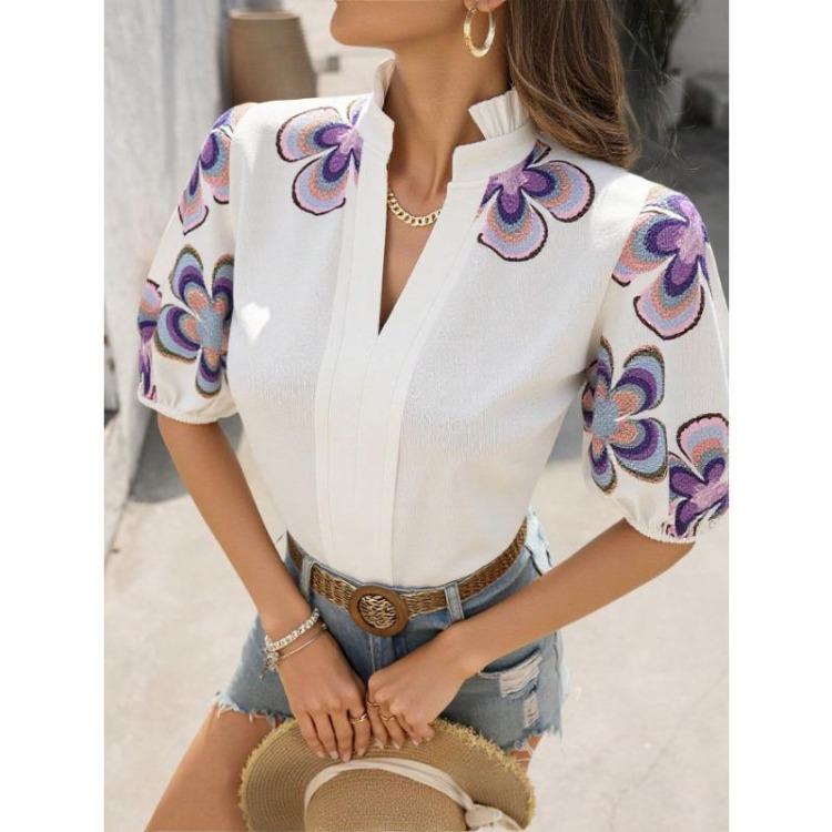 Nuova Maglietta Top alla Moda Ricamata Scollo a V Manica Lunga Collo Alto Primavera Estate