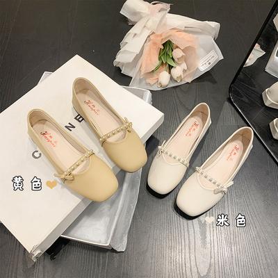 Damen Frühling und Herbst Quadratkopf Flachmaul Dickabsatz Pedale tragen Flachmaul Damen Perlen Einzelne Schuhe lässig und vielseitig