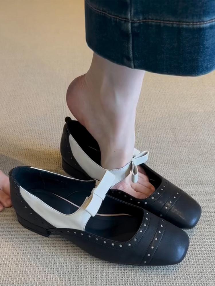 Leather French Low Heel Square Head Bow Light Mouth Single Shoes Femininity Versatile Commuter Soft Sole Ballet Mary Jane Shoes