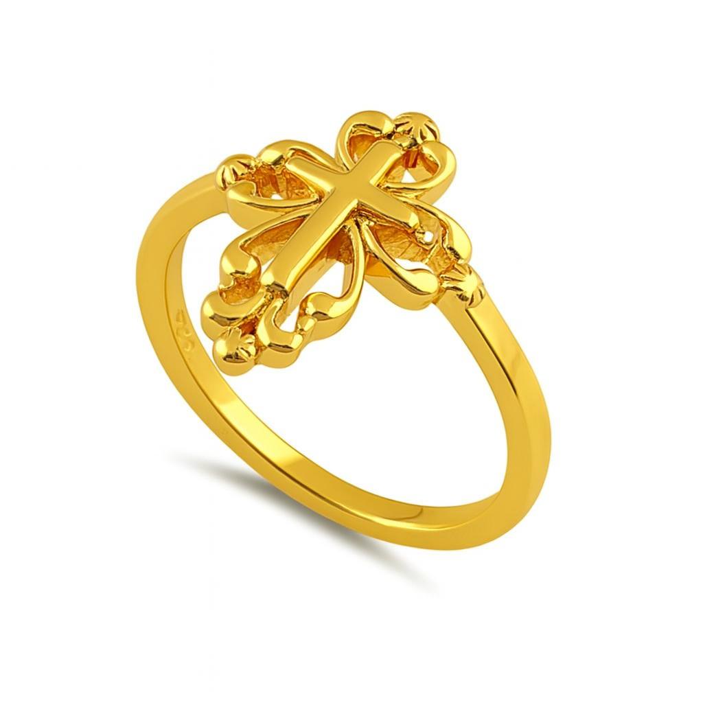 

925 Sterling Silver Gold Vermeil Filigree Cross Women Ring 11 жовтий
