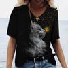 Sommer Damen V-Ausschnitt T-Shirt Niedliche Katze Orangescheiben Aufdruck Lässig Locker Kurzarm Top