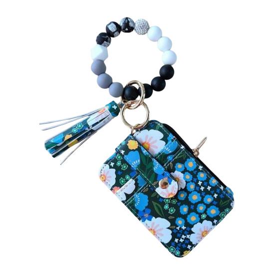 Damen Geldbörse mit Blumenmuster, Boho-Stil, Münzbörse, Schlüsselanhänger mit Quaste, elastisch