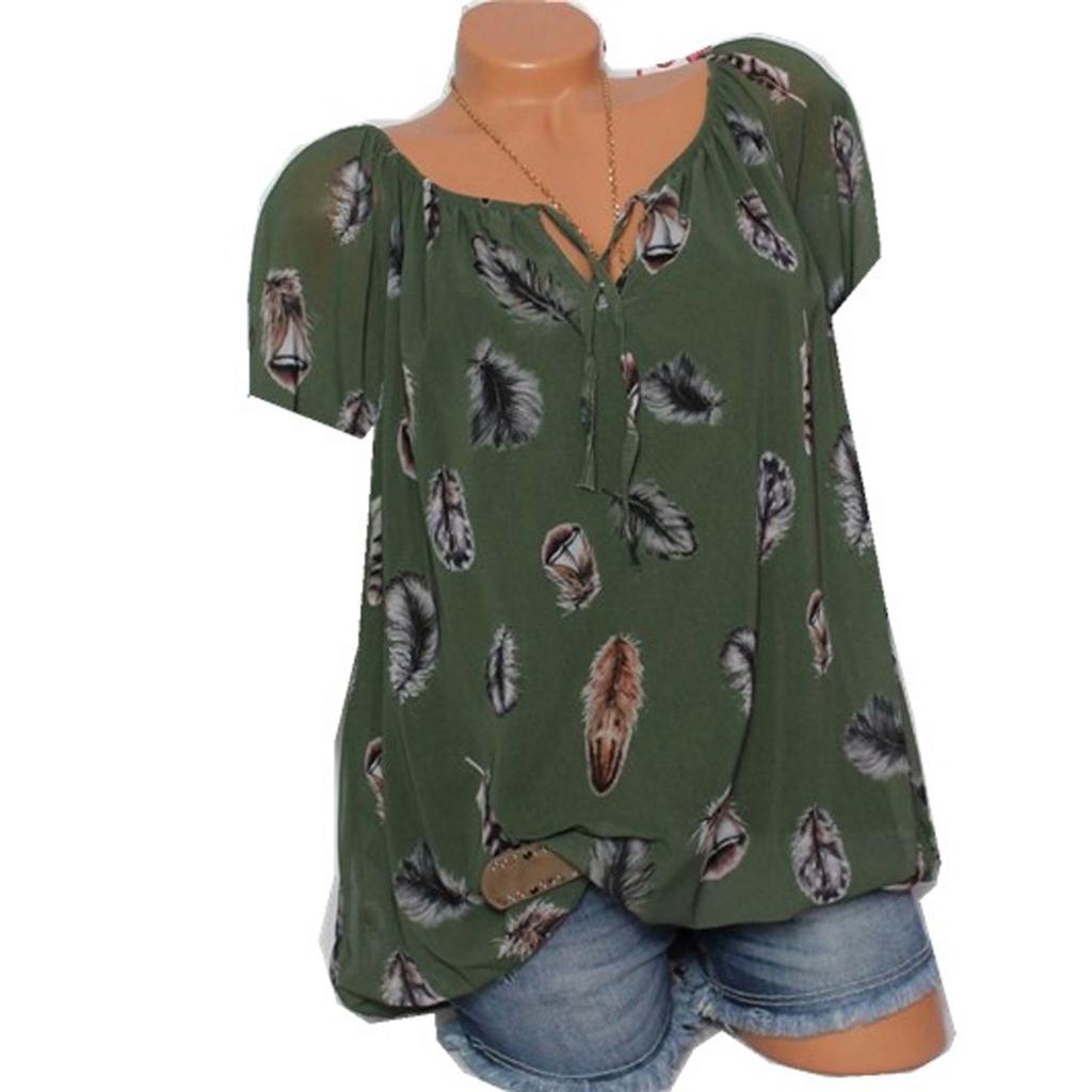 Women Summer Casual Fashion Printed V-neck Short Sleeve Top Blouse T-Shirt