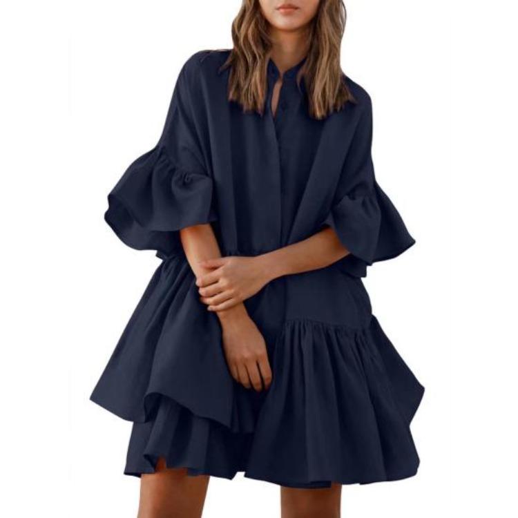 Summer Casual Loose Swing Dress for Women Babydoll Tiered Ruffle Sleeve Pleated Mini Mid-Length Dress Daily Life Beach Parties