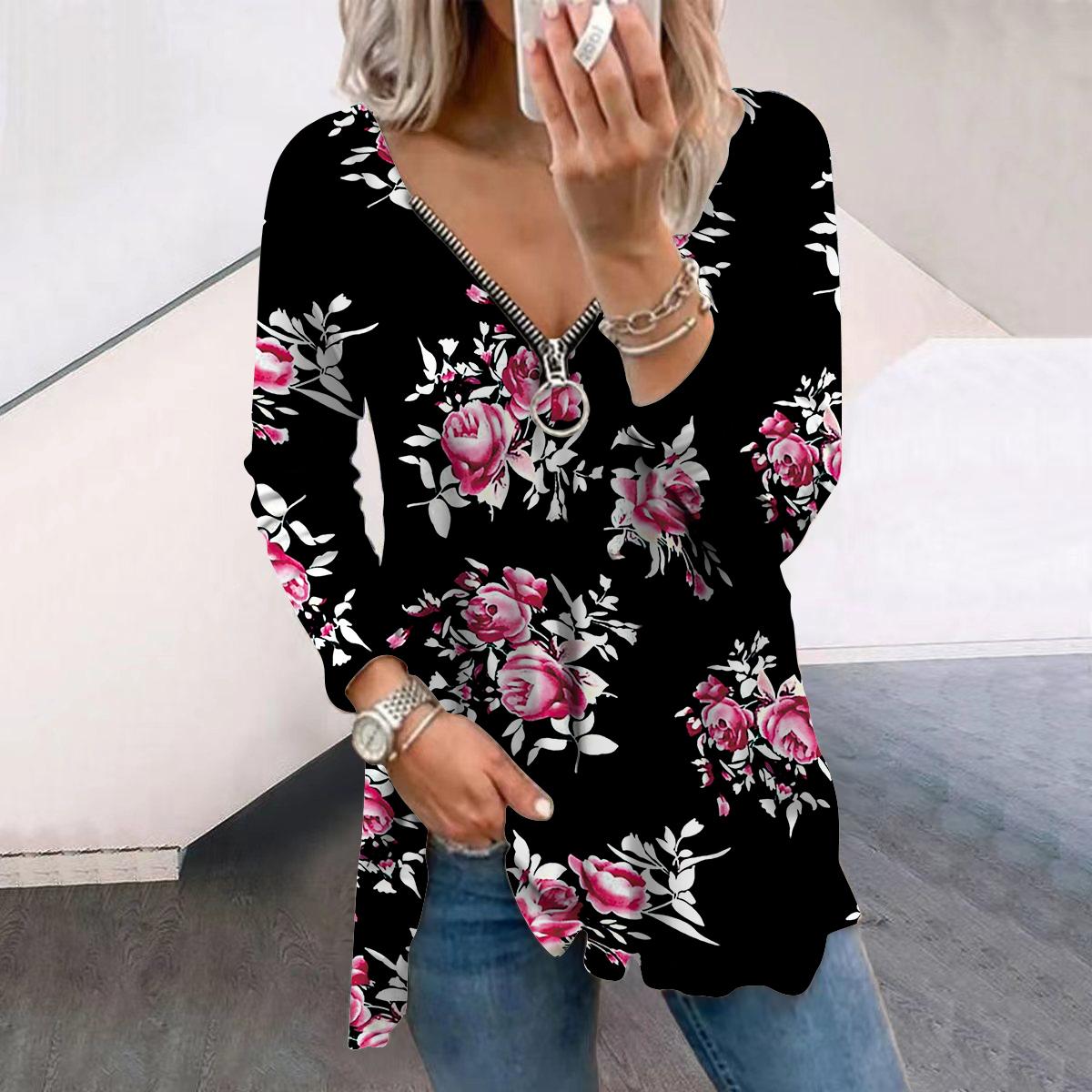 Женские футболки с длинным рукавом и принтом в виде осенних цветочных зеленых листьев — фото 3