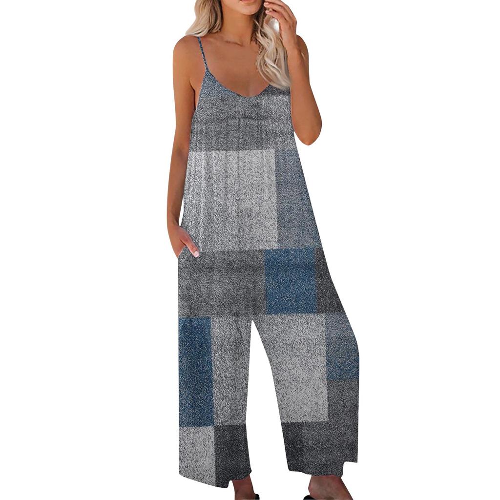 Damski modny swobodny kombinezon z nadrukiem patchworkowym, luźny kombinezon na szelkach