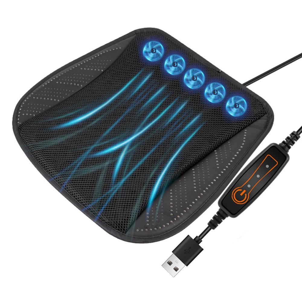 Summer Universal Car Cooling Cushion with 5/8 Fans, Three Wind Adjustment Cooled Chair Pad USB Seat Cushion Interior Accessories 5 Fans Black
