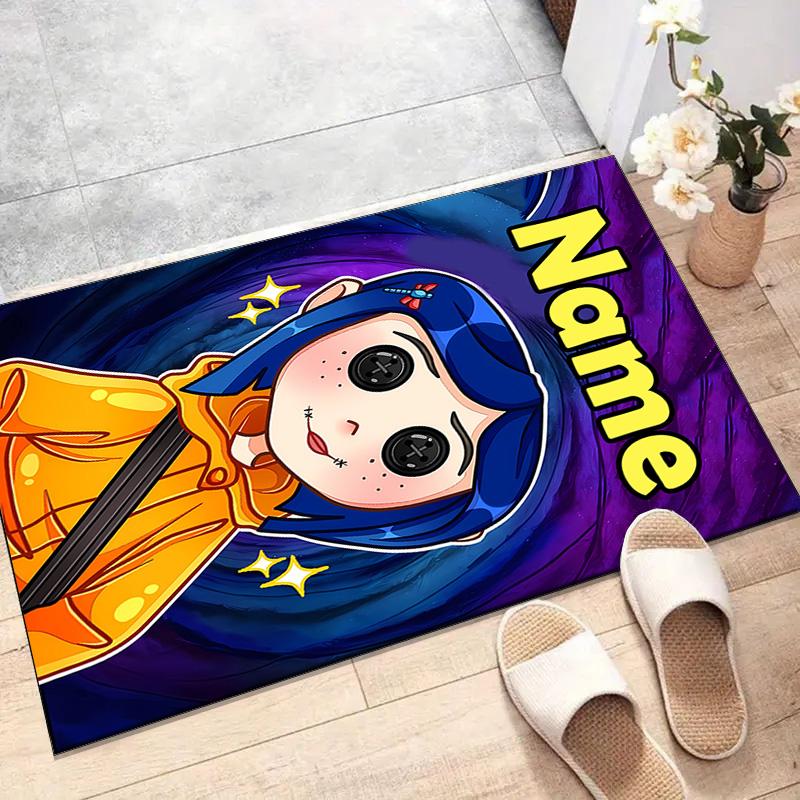 Custom Coraline Mat Personalized Name, Polyester Washable Indoor Entryway Rug, Gift for Christmas, Easter, Thanksgiving Day