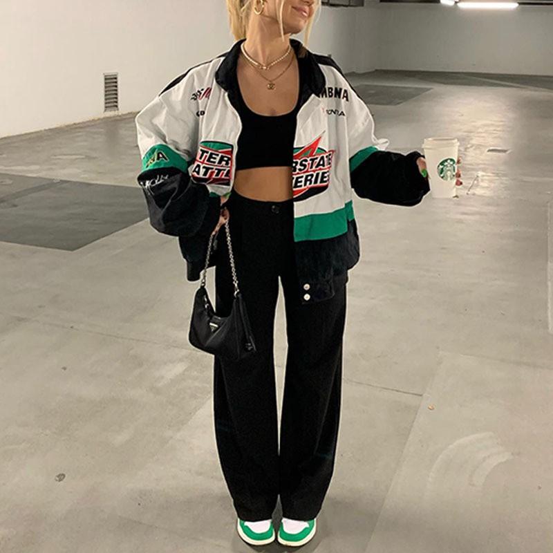 Dámská oversized Streetwear bunda s potiskem, větruodolná, s dlouhým rukávem, motorkářský styl, ležérní svrchní oblečení