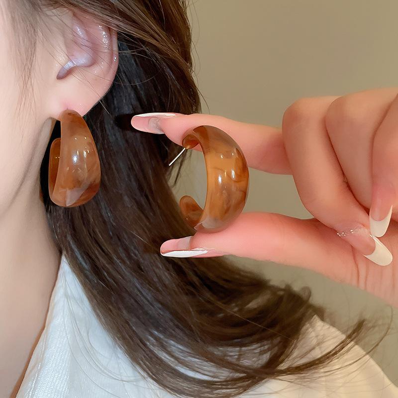 Autumn and Winter Retro Maillard Coffee Color Resin Tiger's Eye Earrings, Ear Buckles, Niche Earrings for Women