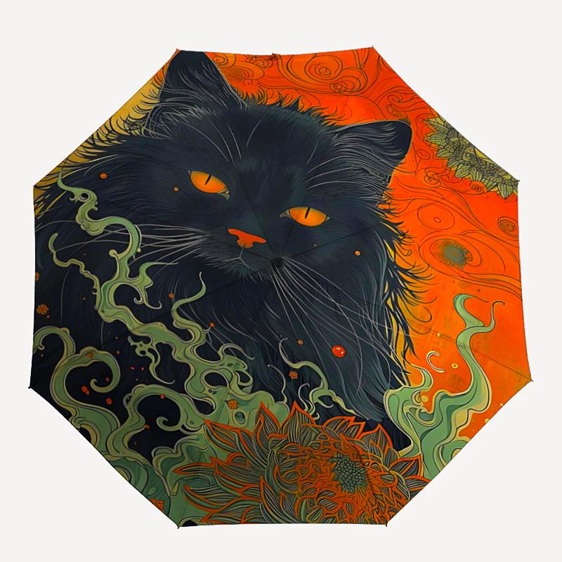 1pc Black Cat's Journey Automatic Umbrella Design, Cute Cartoon Pattern, Portable Outdoor Umbrella, Perfect Y007