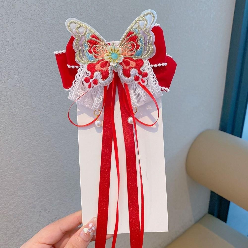 Red New Year Hairpin Ribbon Hanfu Hair Ornamen Holiday Bow Ribbon Hair Clip  Festival