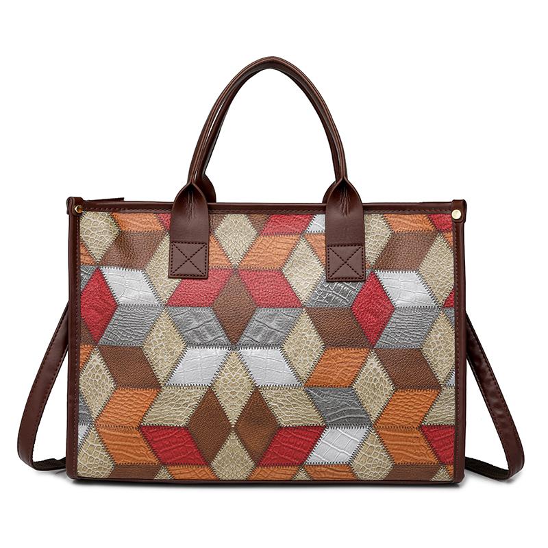 Colorblock Damen Schultertasche Gespleißte Tragetasche mit großem Fassungsvermögen Weiches Leder Leichte Handtasche