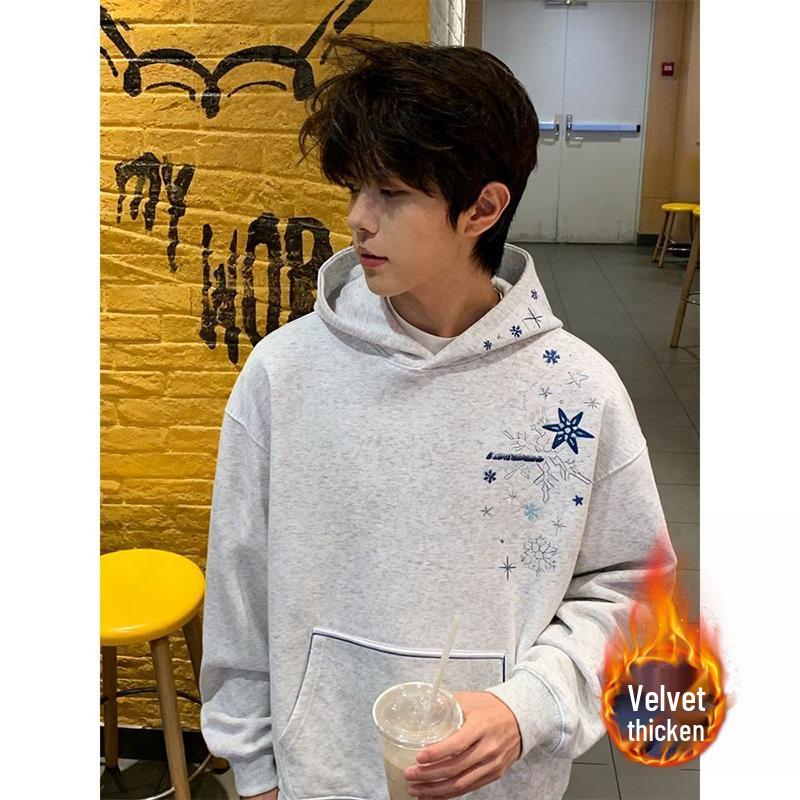 Unisex Retro Snowflake Embroidered Hooded Sweatshirt - Casual Loose Fit for Autumn/Winter