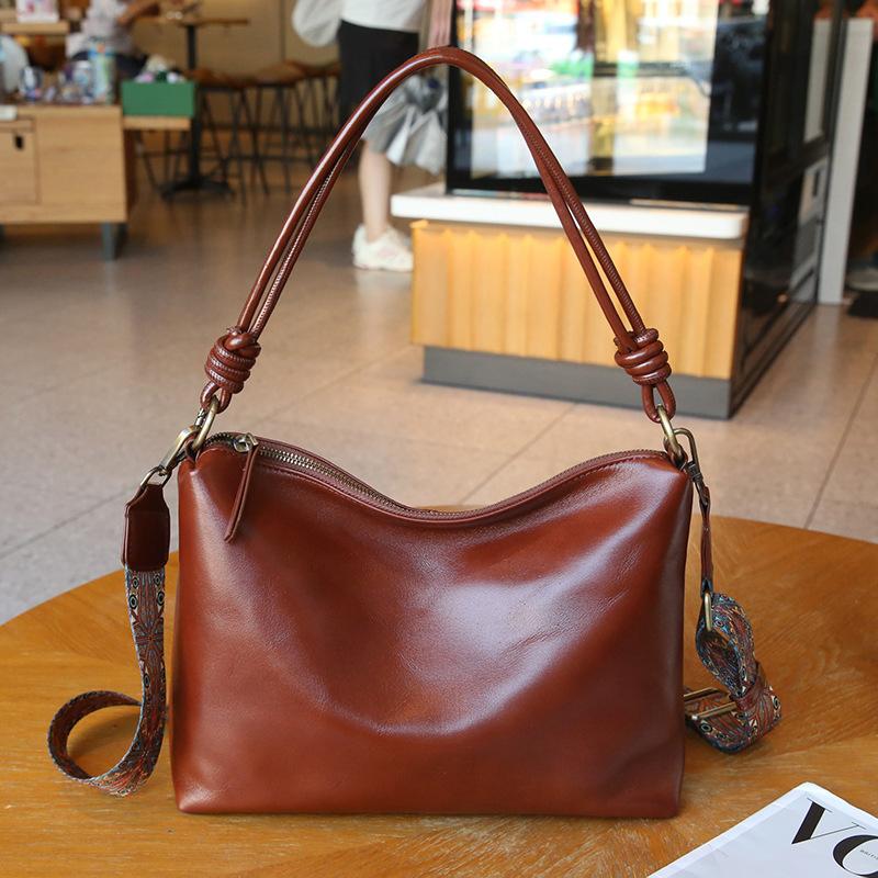 Genuine leather women's bag Korean version versatile first layer cowhide women's underarm wide shoulder strap single shoulder soft leather bucket bag