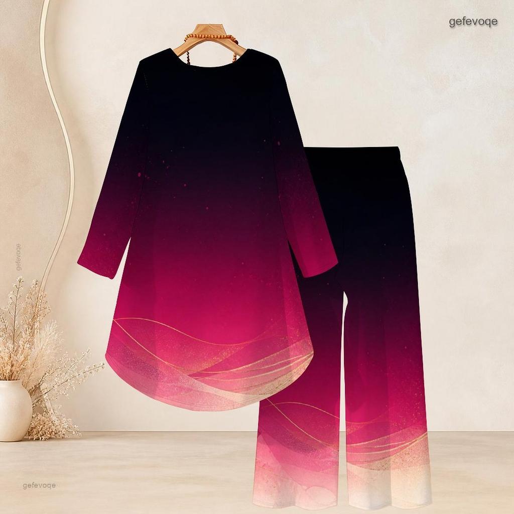 Women Plus Size Round Neck Long Sleeve Printed High Low Top Wide Leg Pants Two Piece Set Red Black
