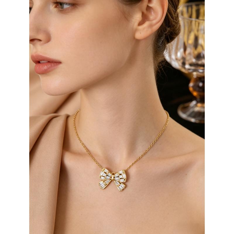 A Synthetic Cubic Zirconia Bow Pendant Necklace Ins French Elegant Bohemian Vintage Korean Style Stylish and Simple Trendy and Versatile, Suitable