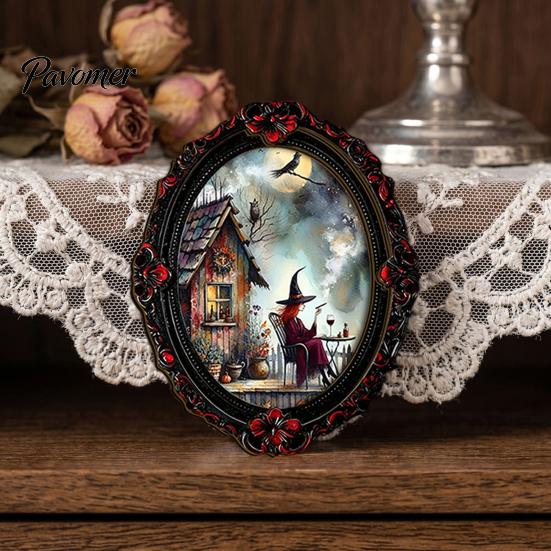 Decorative Metal Cabinet Stickers Halloween Wooden Refrigerator Magnets, Vintage Gothic Oval Frame Fridge Magnets with Witch Niche Holiday Souvenir