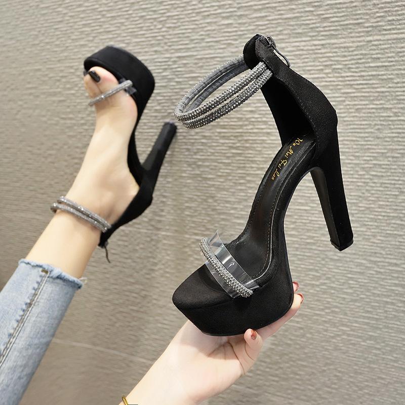 Fashion Versatile New Thick Heel Waterproof Table Sandals Sexy Nightclub Rhinestone 13cm Super High Heel Sandals Women