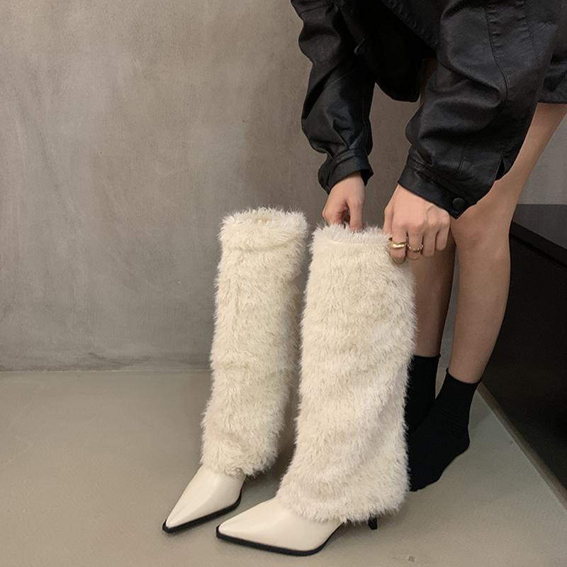 Fashion Design Style High Heels Women Knee-High Long Boots Pointed Toe Furry Ladies Long Booties Hottie botas de inverno feminina