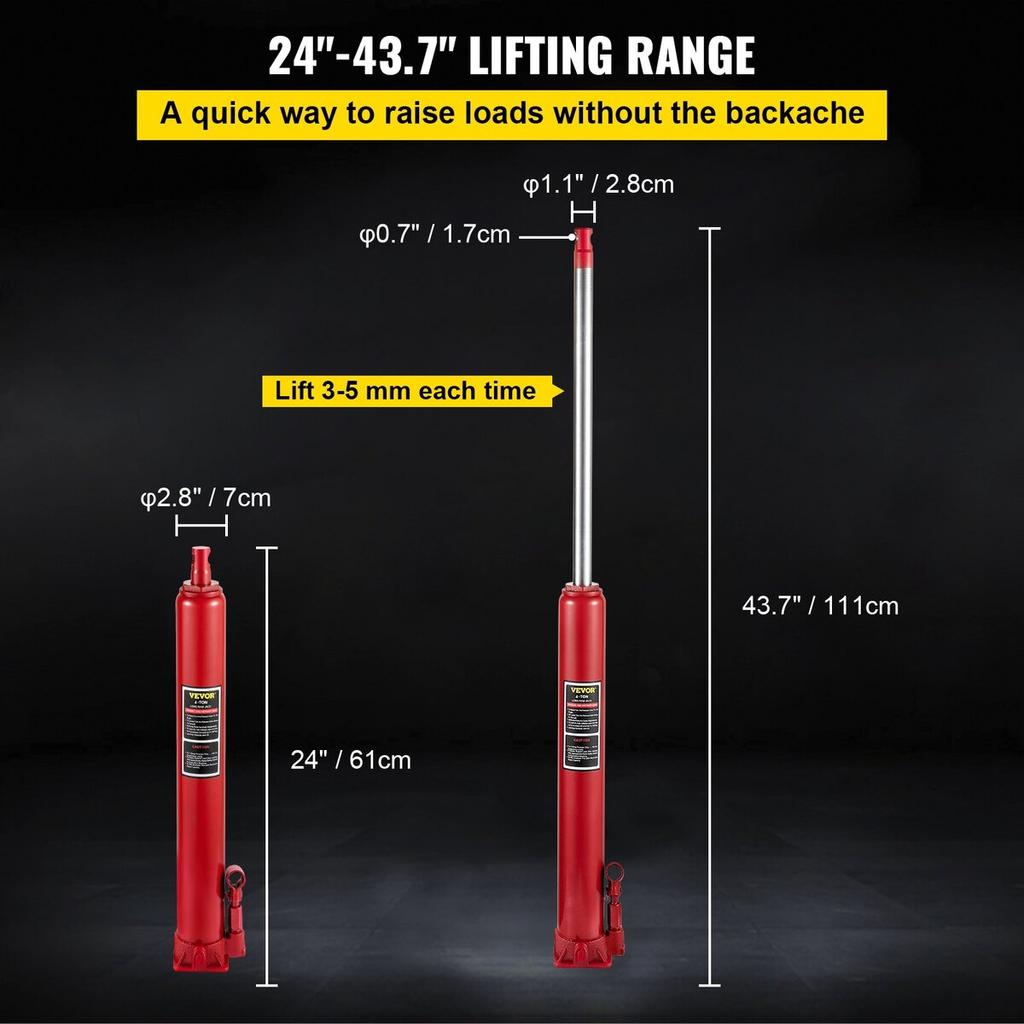 Hydraulic Long Ram Jack, 4 Tons/8818 Lbs Capacity, with Single Piston Pump and Flat Base, Manual Cherry Picker with Handle, for Garage/Shop Cranes,