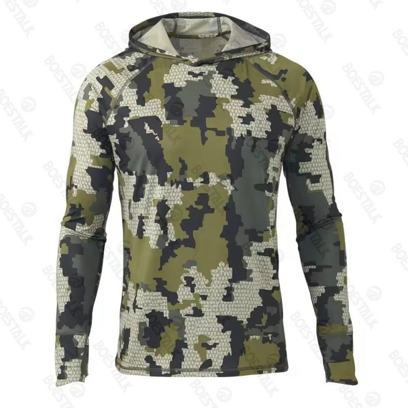 Mens Camo Hooded Fishing Shirt Quick Dry UV Protection Outdoor Camping Hiking Lightweight Breathable Performance Top