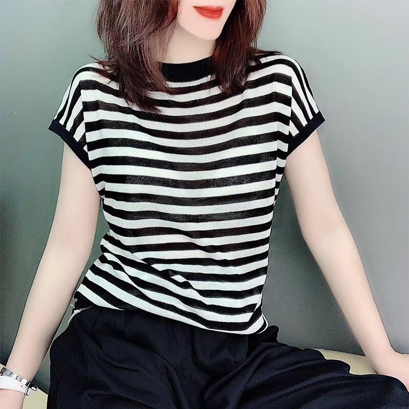 Classic Black and White Striped Ice Silk Short Sleeved Knitted Shirt for Women In Summer Thin Style Loose Fitting Top for Women's Summer Wear