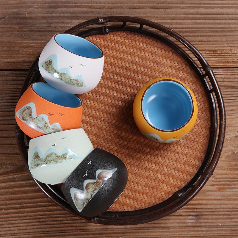 Hand-Painted Black Pottery Zen Tea Cup - Retro Mountain Design, Kung Fu Ceramic Masterpiece for Tea Tasting and Guest Reception.