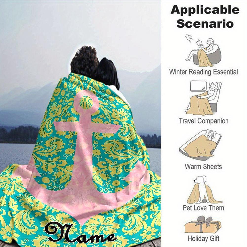 Anchor Floral Blanket With Customizable Name Four Seasons Comfortable Shawl Blanket Suitable For Home Travel Camping Office Decoration Perfect Gift