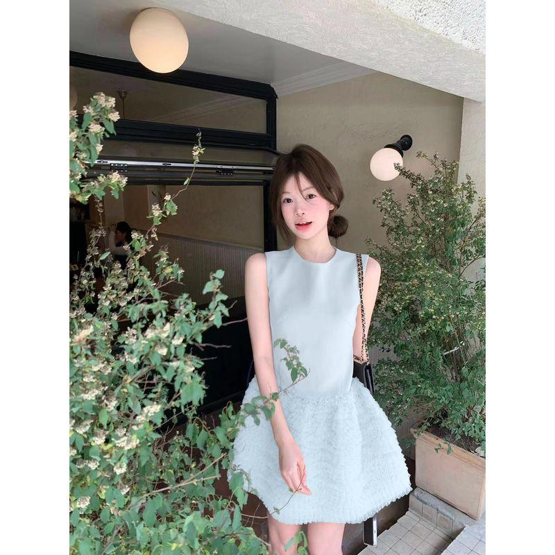 Kumikumi Sweet Wind Heavy Industry Mesh Patchwork Vest Dress Women Summer Slimming Elegant Cake Skirt Short Dress