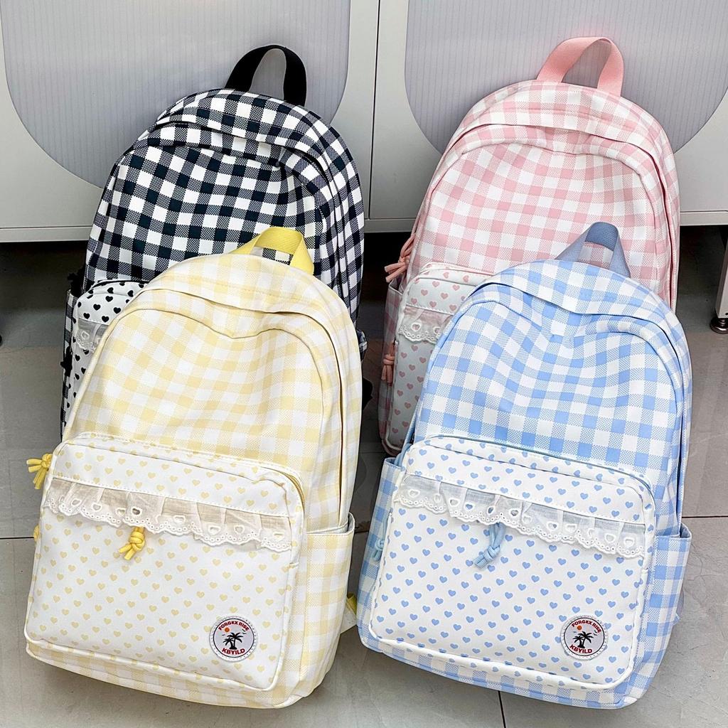 Schultasche Koreanisch süß blau-weiß karierter Rucksack Mittelschulrucksack Mädchenherz Spitzen-Design Schultasche