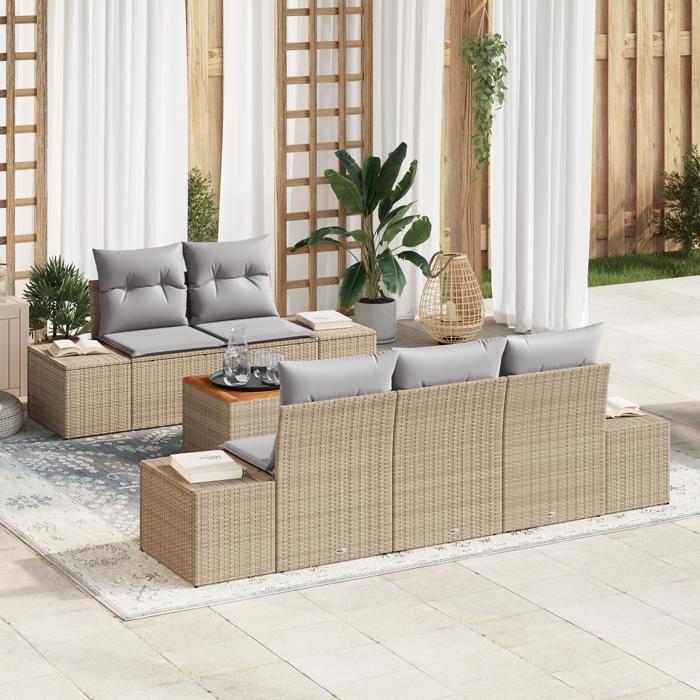 VidaXL Ensemble de Canapés de Jardin 6 pièces avec Coussins Beige Rattan Poly Acacia 3347896