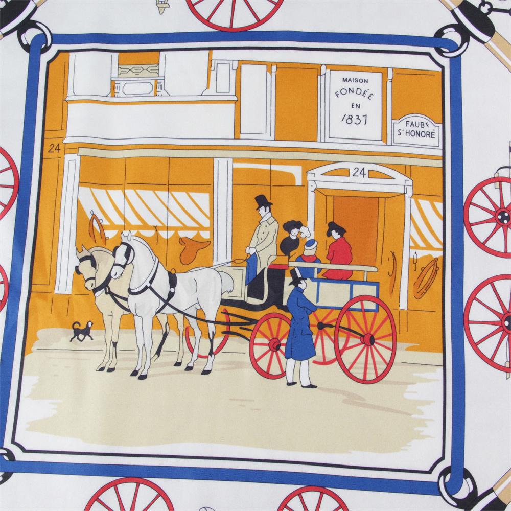 POBING Hand Rolled Twill Silk Scarf Women Horse Carriage Double Print Square Scarves Wraps Echarpes Foulards Femme Hijab 90CM