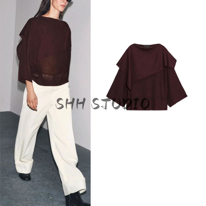 Autumn New Women's Clothing Asymmetric Collar Wide Sleeve Design Plain Stitch Layer Drape Long Sleeves Tops 3456104