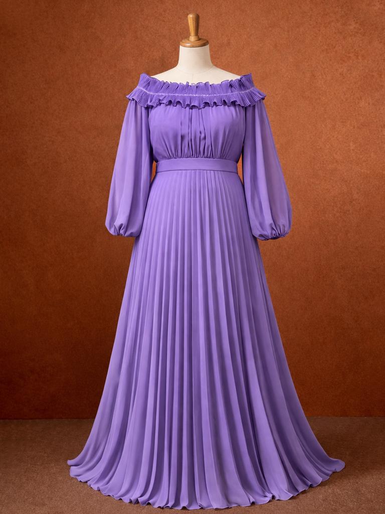 AOMEI Women Plus Size Graceful Chiffon Pleated Maxi Dress Ruffle Neckline Long Sleeve Wedding Guest Gathering