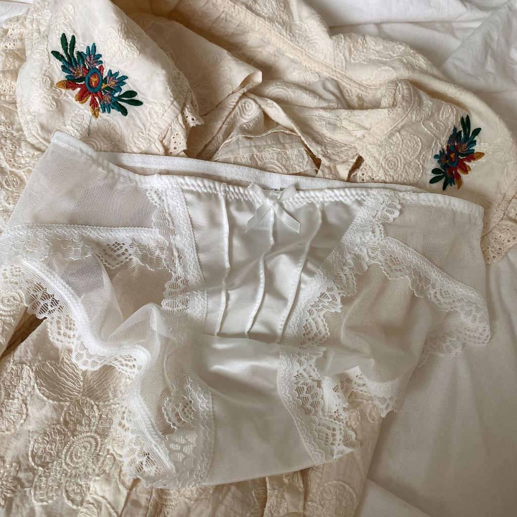 Vintage Satin Slips Französische Sexy Spitze Schleife Dessous Einfarbig Atmungsaktiv Damen Mid-Waist Dünne Mesh Slips Unterwäsche Frauen