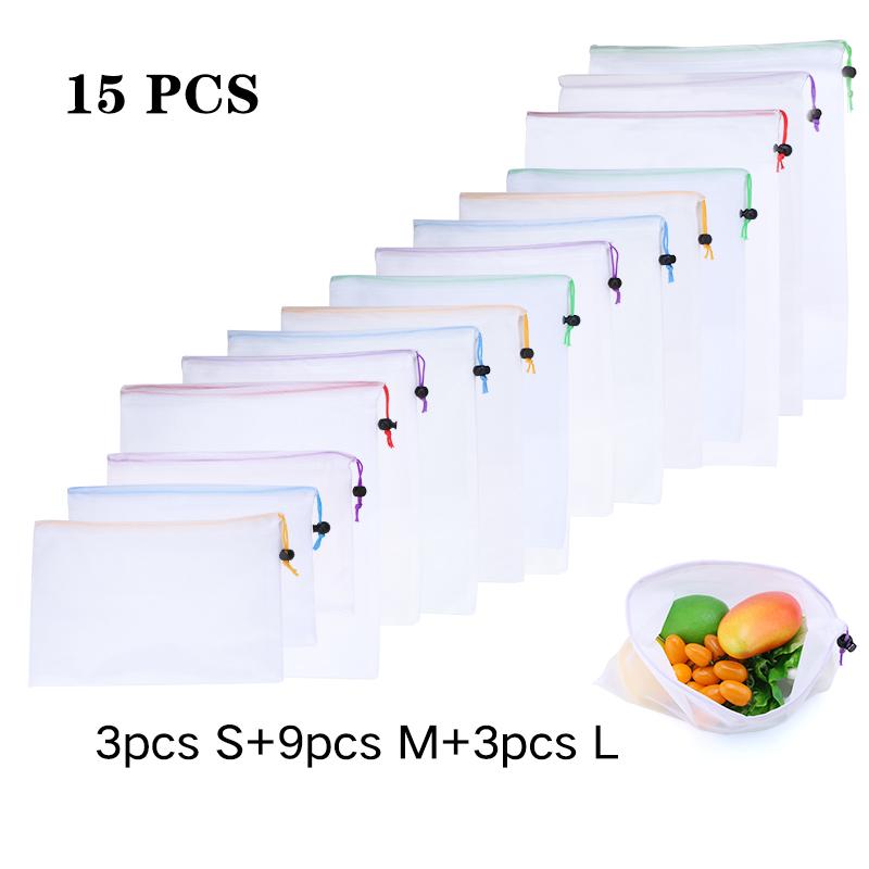 3/9/15pcs Fruit Vegetable Storage Mesh Bags Reusable Net Bags Kitchen Food Organizer Washable Toys Grocery Storage Packaging Bag