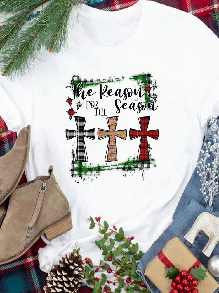 (Asian Size) Tee New Year Holiday tree cute 90s Merry Christmas Top festival Casual Women Print Lady Short Sleeve Fashion Graphic T-shirts