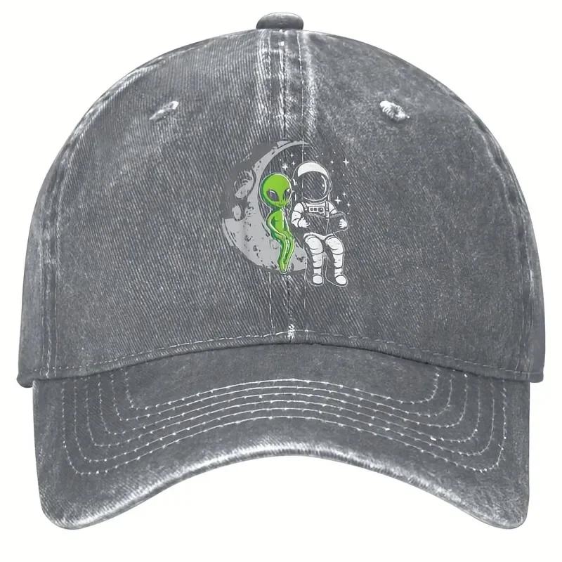 Alien and Astronaut Reading on Moon Vintage Denim Baseball Cap Adjustable Outdoor Sports Cap
