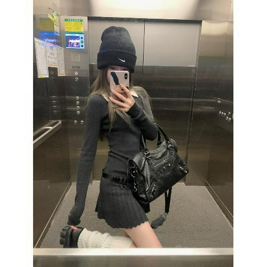 

Платье вязаное с длинным рукавом и плиссировкой, имитация двух частей, воротник поло - Женский весенний стиль, облегающий крой Medium