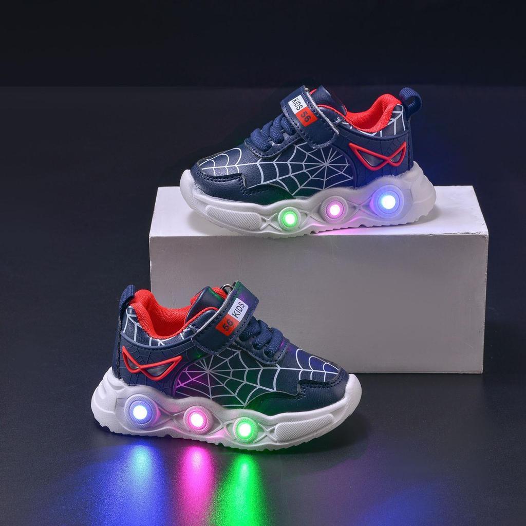 New Arrival LED Light-Up Spider Web Leather Sneakers for Boys